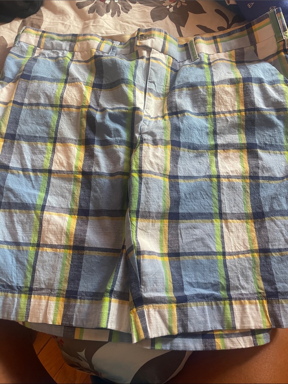 Men's Light Blue Plaid Flat-Front Shorts with Yellow & Green Stripe